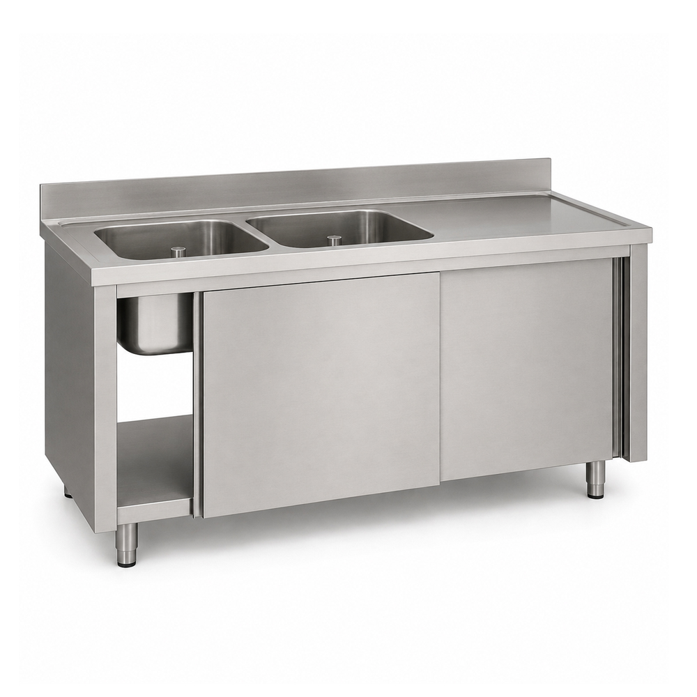 RVS / Inox spoeltafel met schuifdeuren – 600 mm diep - Afbeelding 4