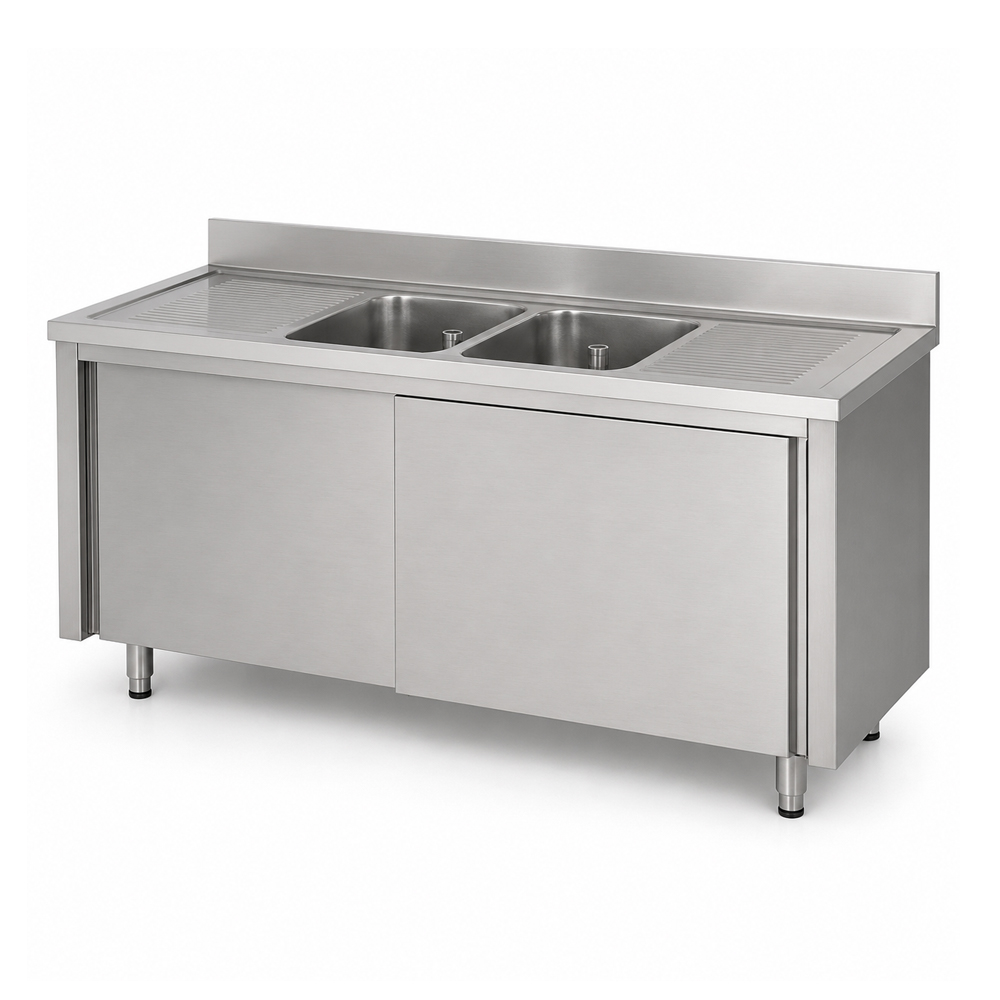 RVS / Inox spoeltafel met schuifdeuren – 600 mm diep - Afbeelding 3