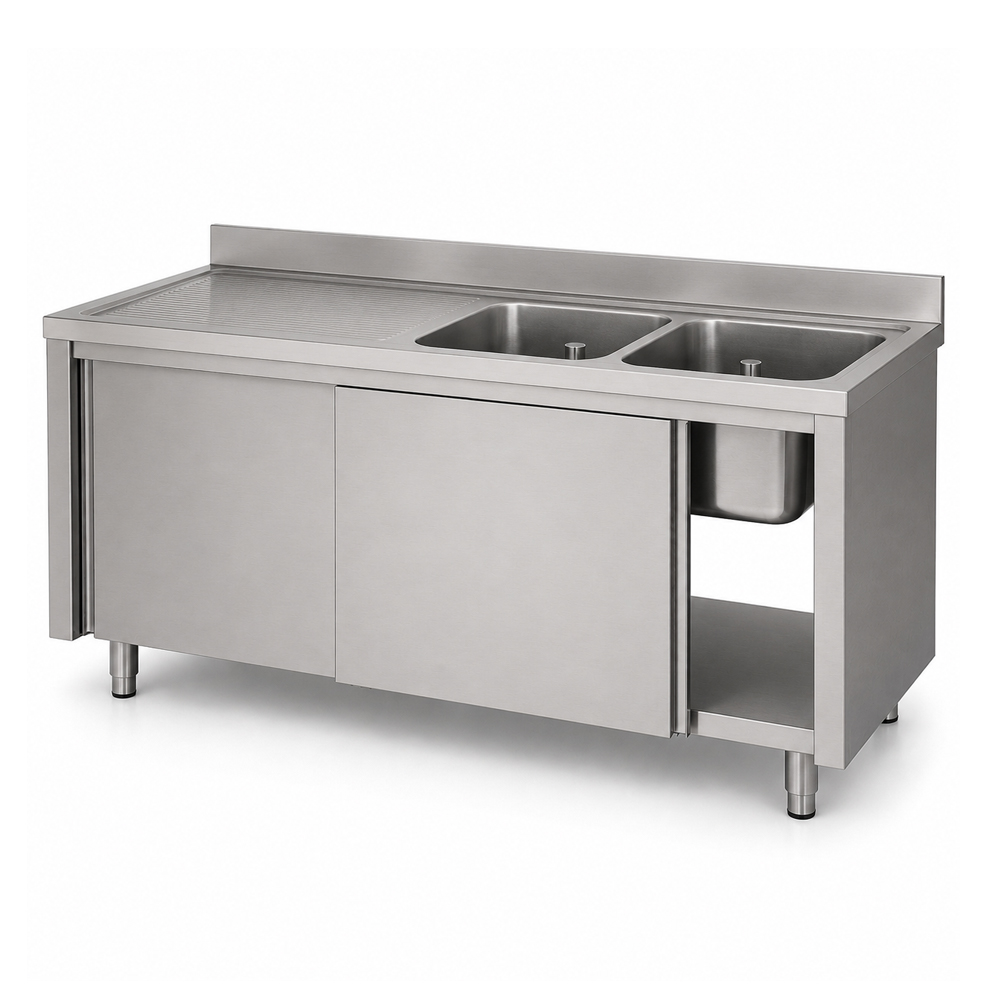 RVS / Inox spoeltafel met schuifdeuren – 600 mm diep - Afbeelding 2