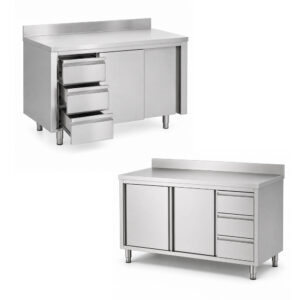 RVS - Inox werkbank met schuifdeur en lades en opstaande rand - 700 mm diep
