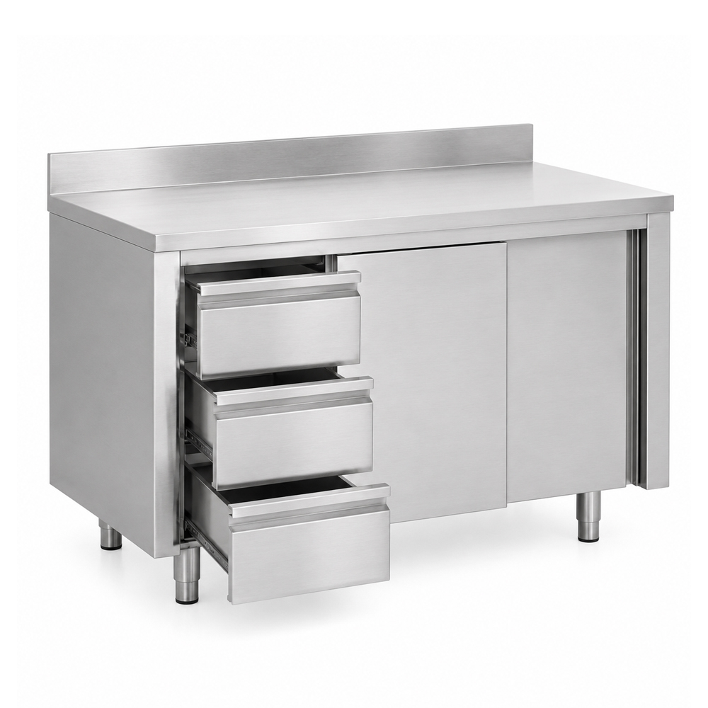 RVS / Inox werkbank met schuifdeur, lades en achteropstand - Afbeelding 3