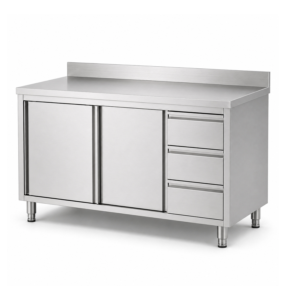RVS / Inox werkbank met schuifdeur, lades en achteropstand - Afbeelding 2