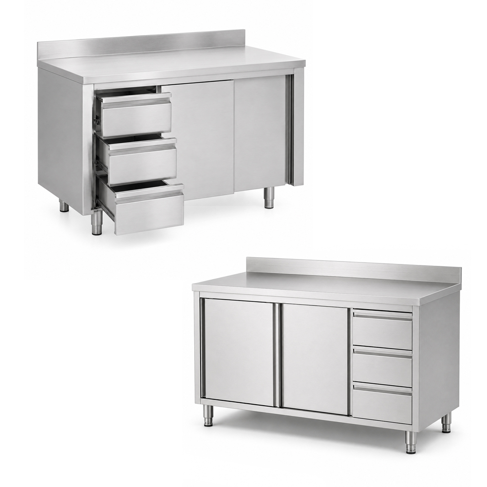 RVS - Inox werkbank met schuifdeur en lades en opstaande rand - 700 mm diep