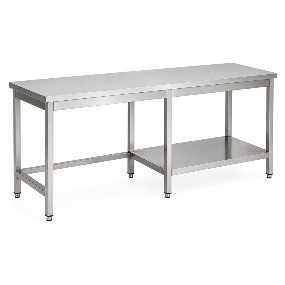 RVS / Inox werktafel met half bodemschap rechts – 600 mm diep