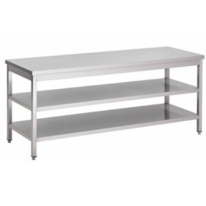 RVS / Inox werktafel met 2 bodemschappen – 600 mm diep