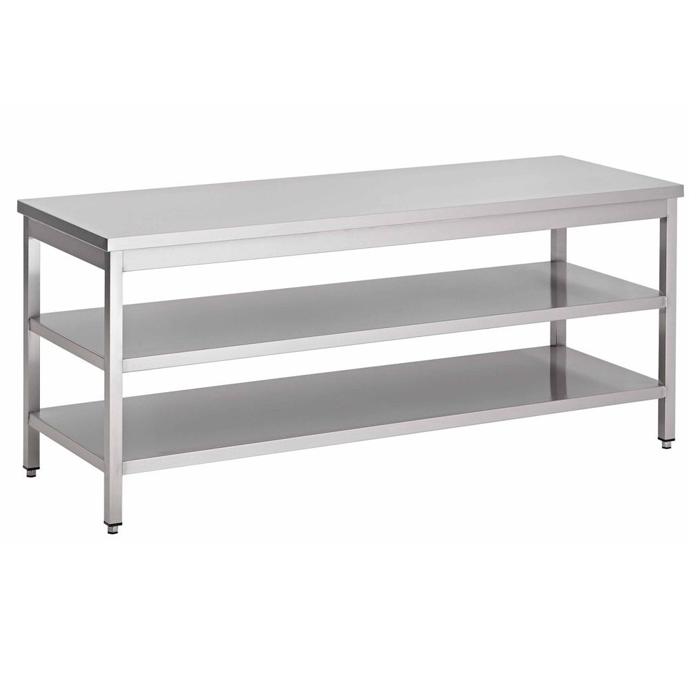 RVS / Inox werktafel met 2 bodemschappen – 600 mm diep